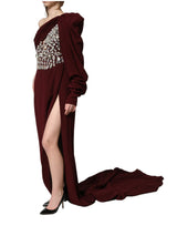 Dolce & Gabbana Maroon Crystal One Shoulder Evening Gown Dress