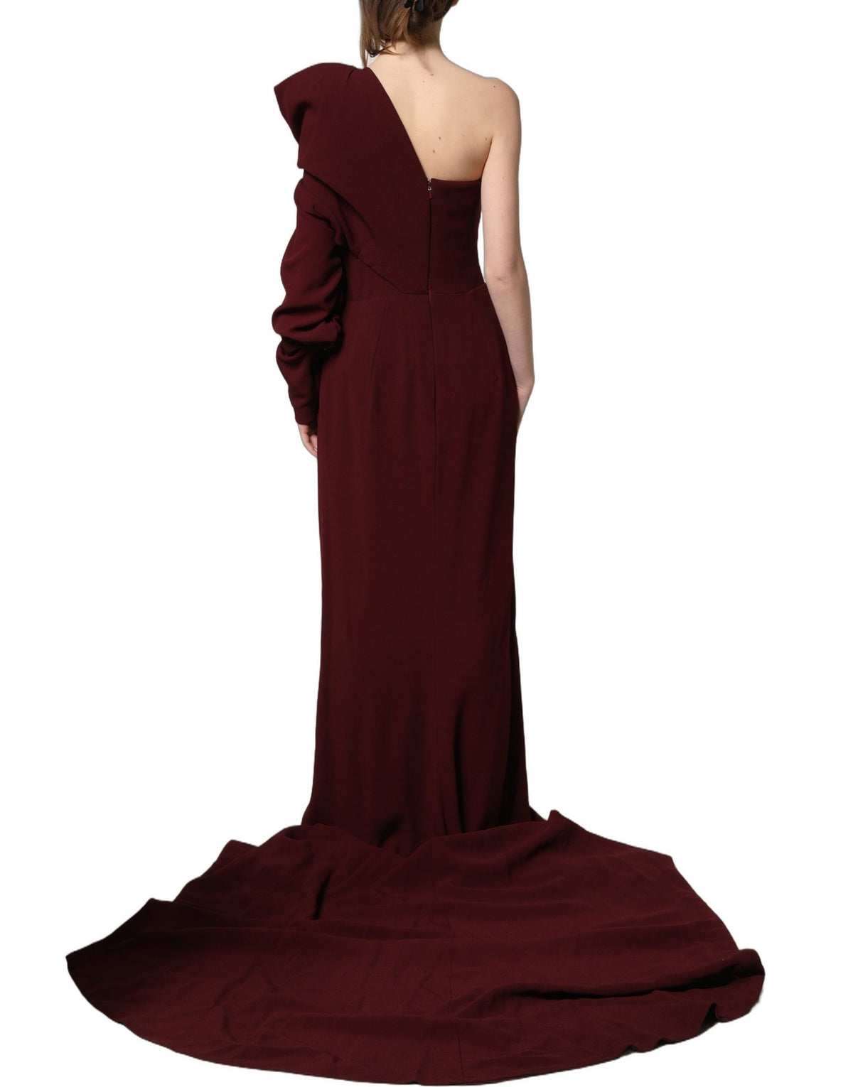 Dolce & Gabbana Maroon Crystal One Shoulder Evening Gown Dress