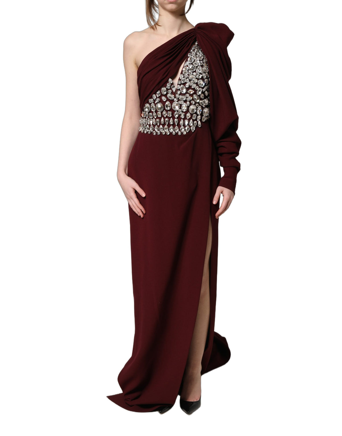 Dolce & Gabbana Maroon Crystal One Shoulder Evening Gown Dress