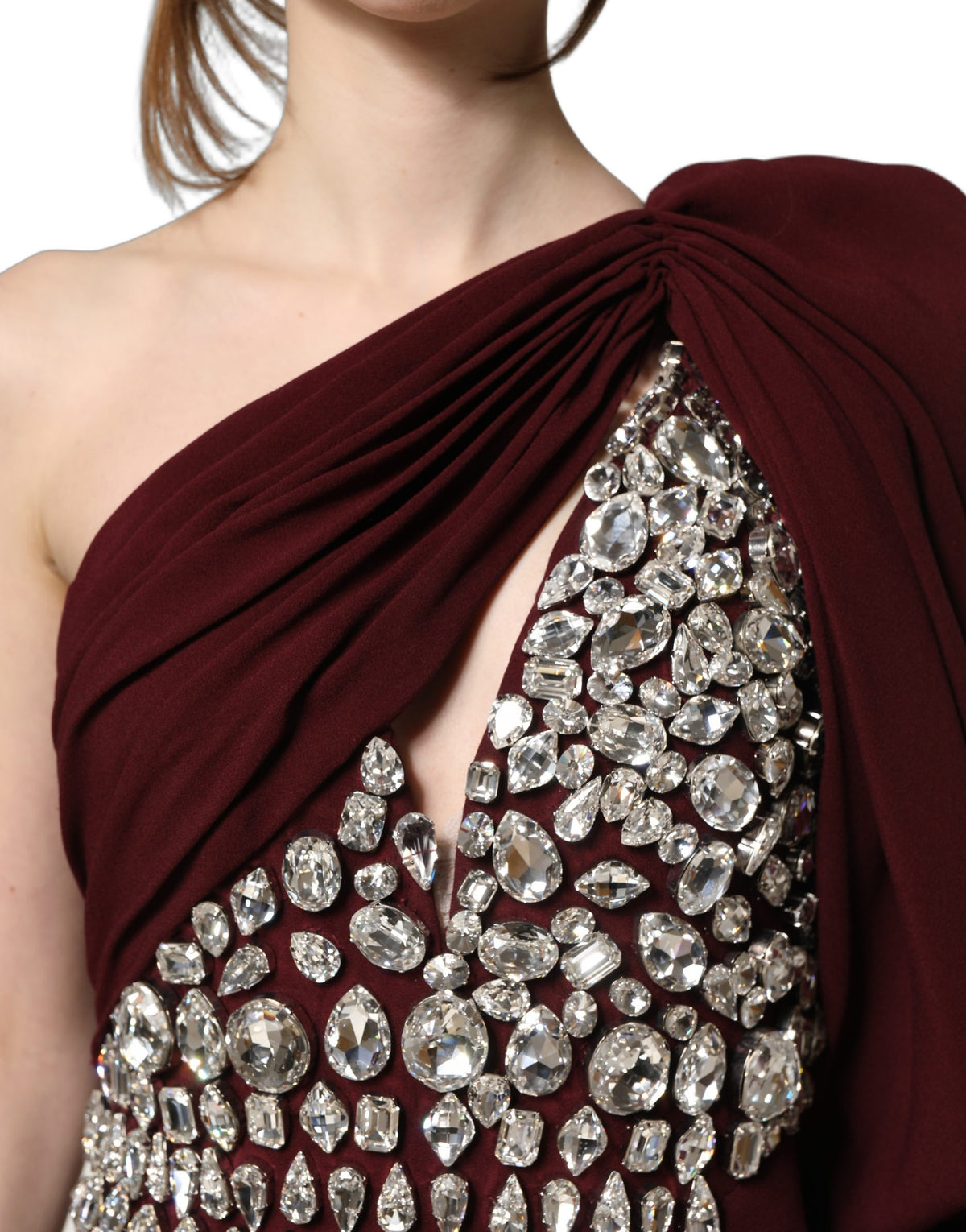 Dolce & Gabbana Maroon Crystal One Shoulder Evening Gown Dress