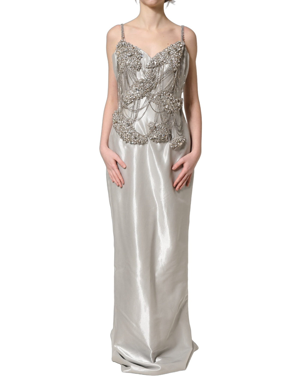 Dolce & Gabbana Silver Crystal Embellished Evening Gown Dress