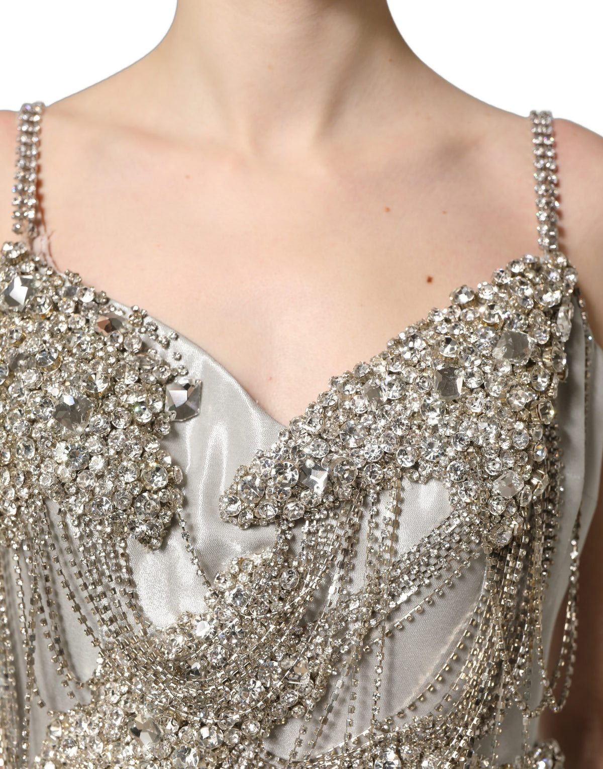 Dolce & Gabbana Silver Crystal Embellished Evening Gown Dress