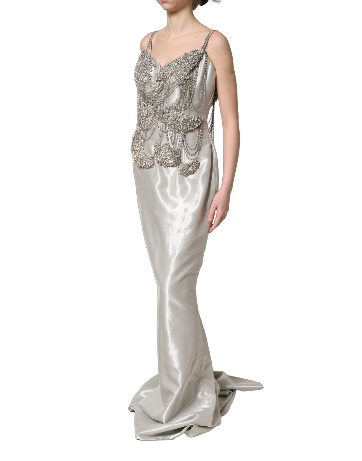 Dolce & Gabbana Silver Crystal Embellished Evening Gown Dress