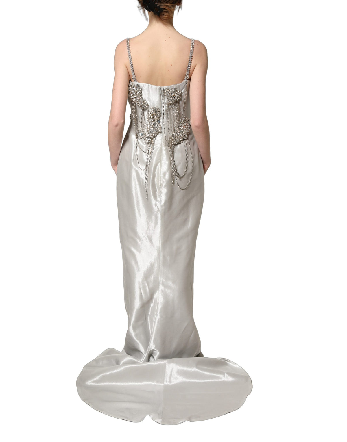 Dolce & Gabbana Silver Crystal Embellished Evening Gown Dress