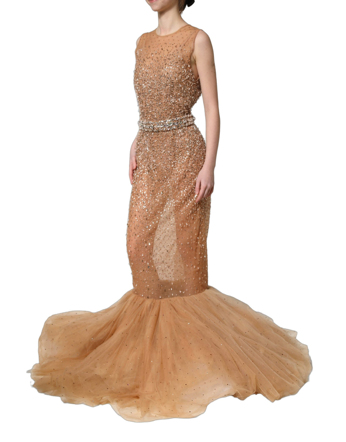 Dolce & Gabbana Brown Crystal Embellished Mermaid Gown Dress