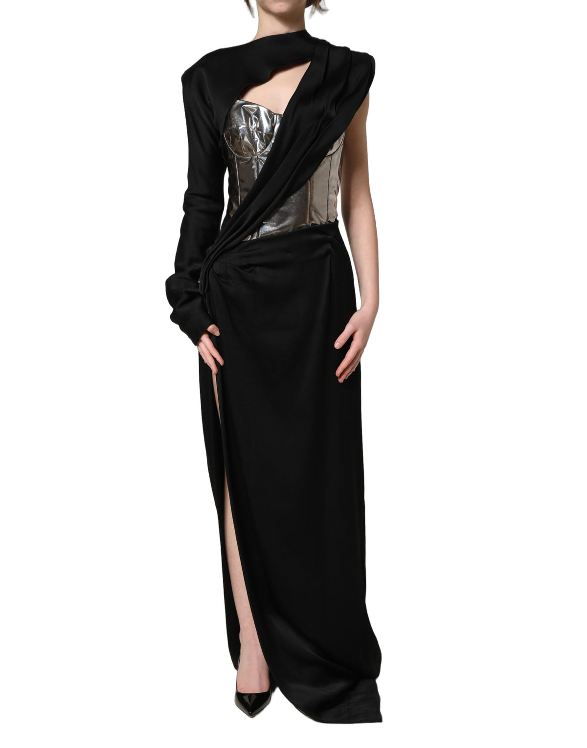 Dolce & Gabbana Black Silver One Shoulder Cocktail Gown Dress