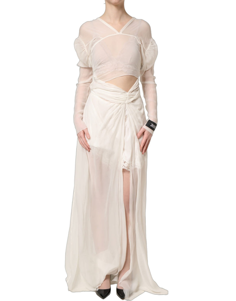 Dolce & Gabbana White Silk Sheer Draped Long Gown Dress