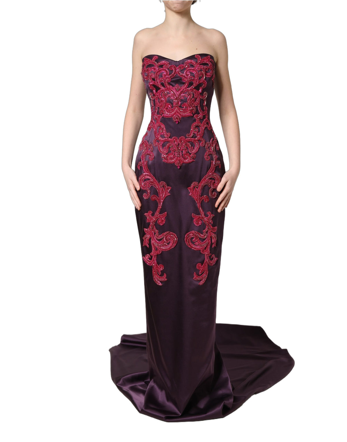 Dolce & Gabbana Purple Silk Crystal Strapless Floor Length Gown