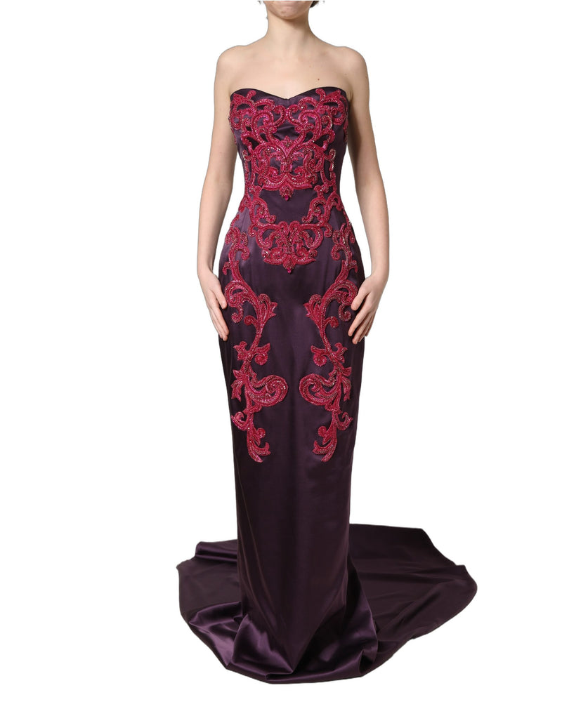 Dolce & Gabbana Purple Silk Crystal Strapless Floor Length Gown