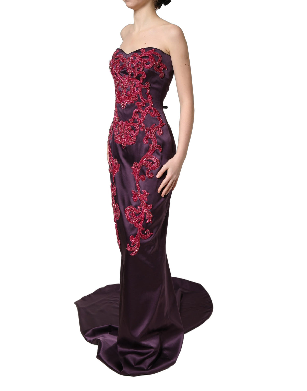 Dolce & Gabbana Purple Silk Crystal Strapless Floor Length Gown