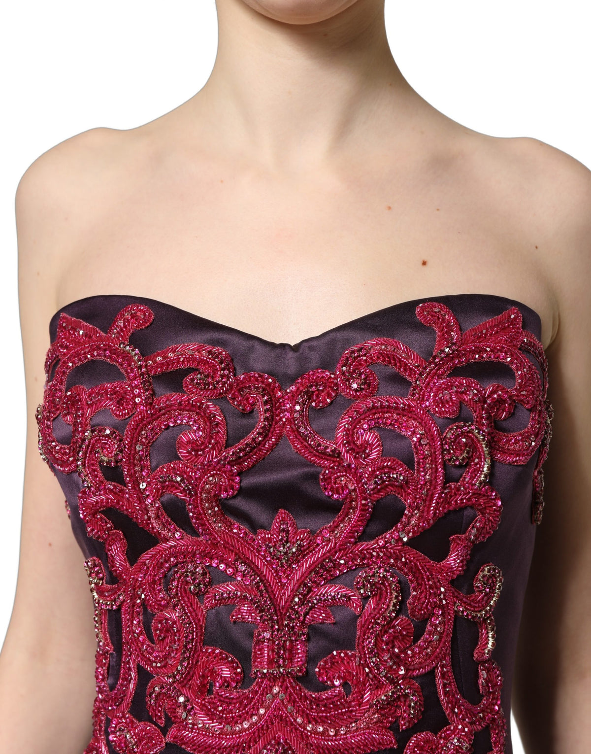 Dolce & Gabbana Purple Silk Crystal Strapless Floor Length Gown