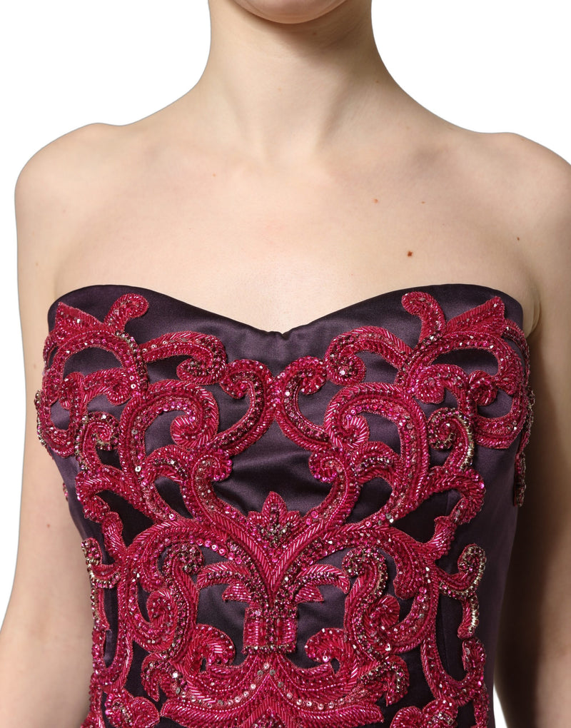 Dolce & Gabbana Purple Silk Crystal Strapless Floor Length Gown
