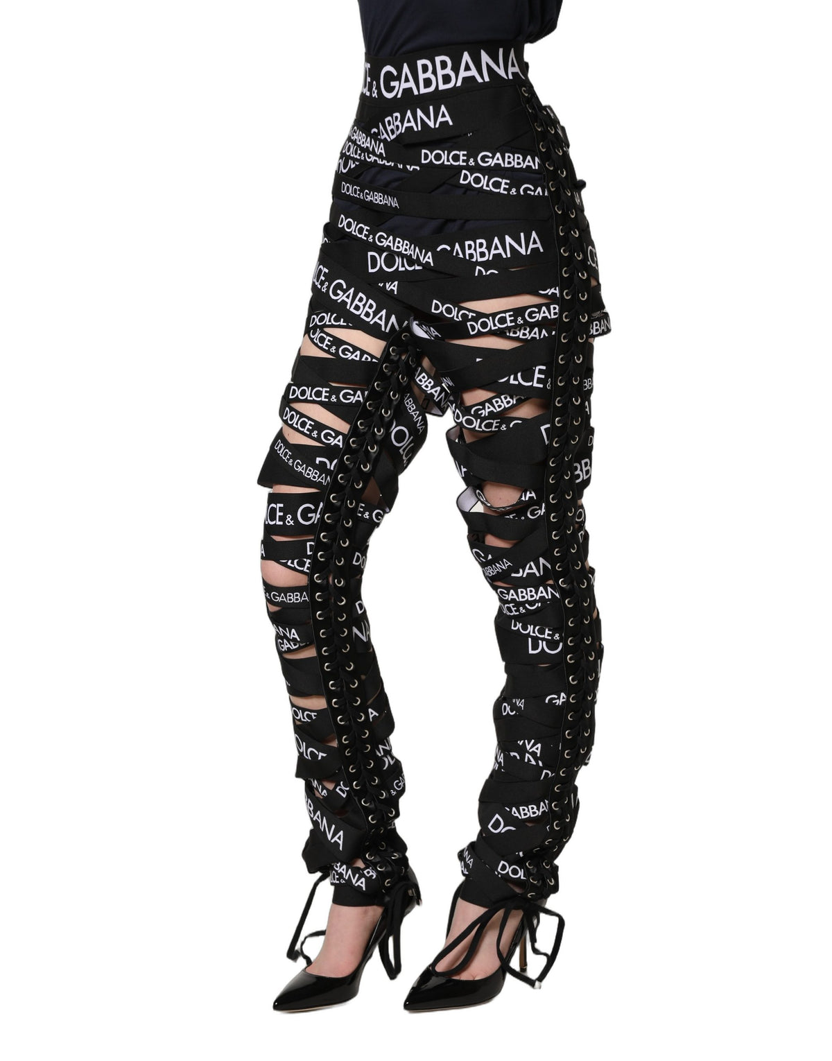 Dolce & Gabbana Black Logo Tape Cut Out Skinny High Waist Pants