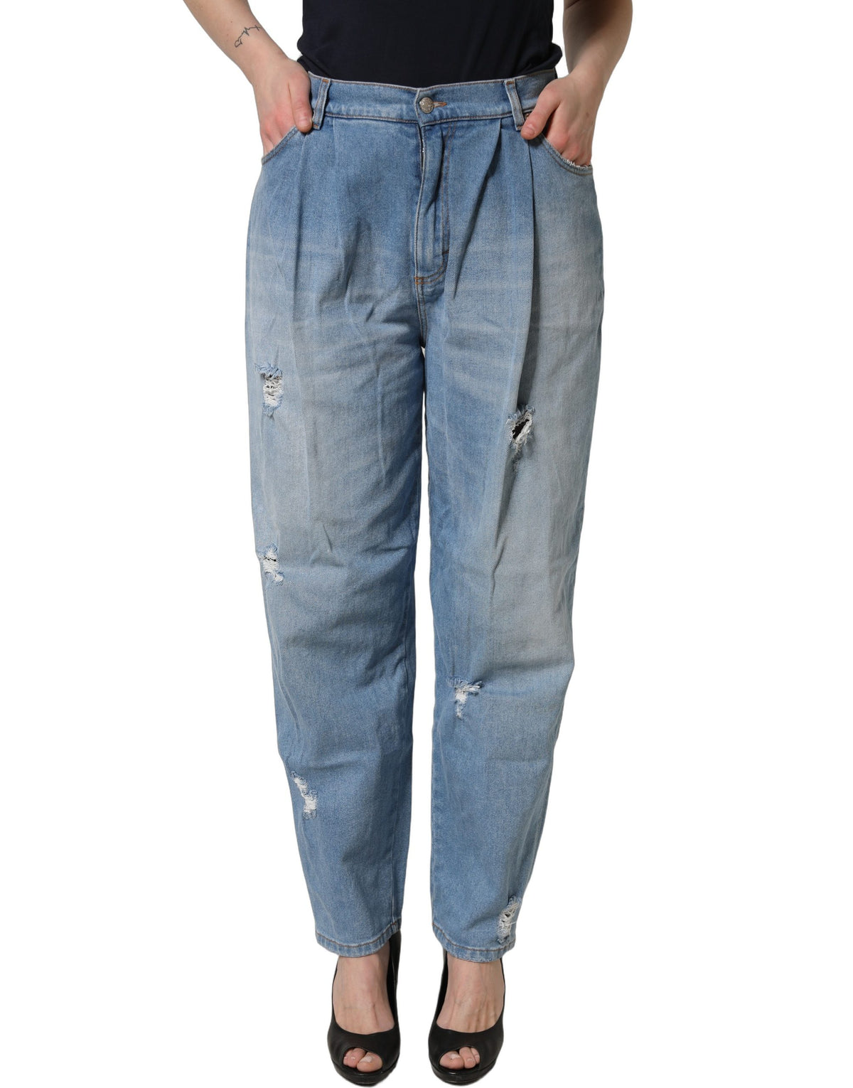 Dolce & Gabbana Blue Distressed Pleated Denim Jeans