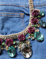 Dolce & Gabbana Blue Cotton Embellished Bermuda Denim Shorts