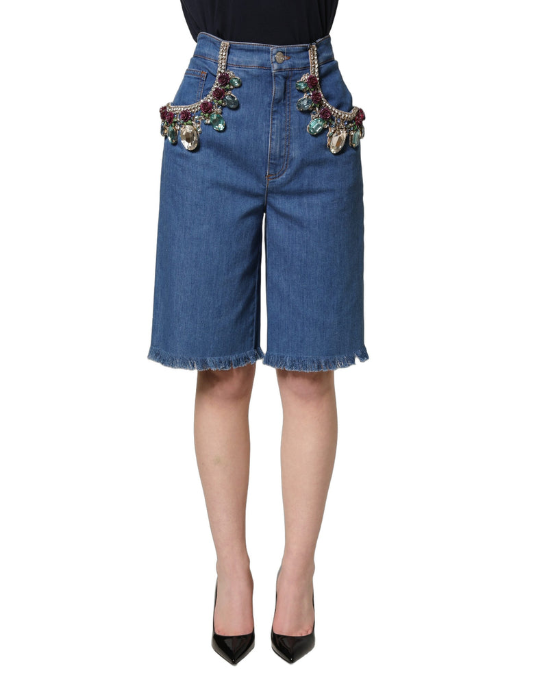 Dolce & Gabbana Blue Cotton Embellished Bermuda Denim Shorts