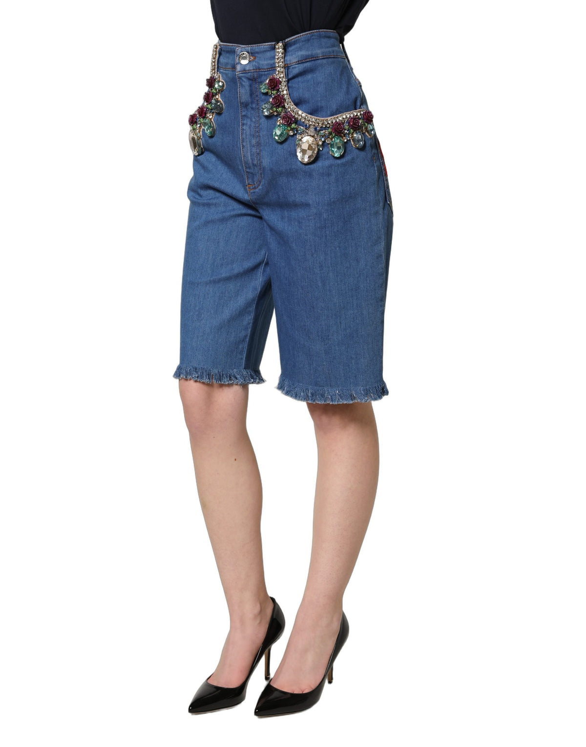 Dolce & Gabbana Blue Cotton Embellished Bermuda Denim Shorts