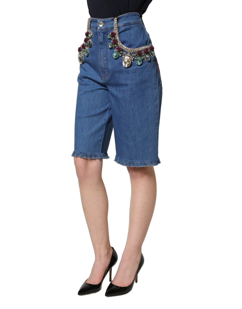 Dolce & Gabbana Blue Cotton Embellished Bermuda Denim Shorts