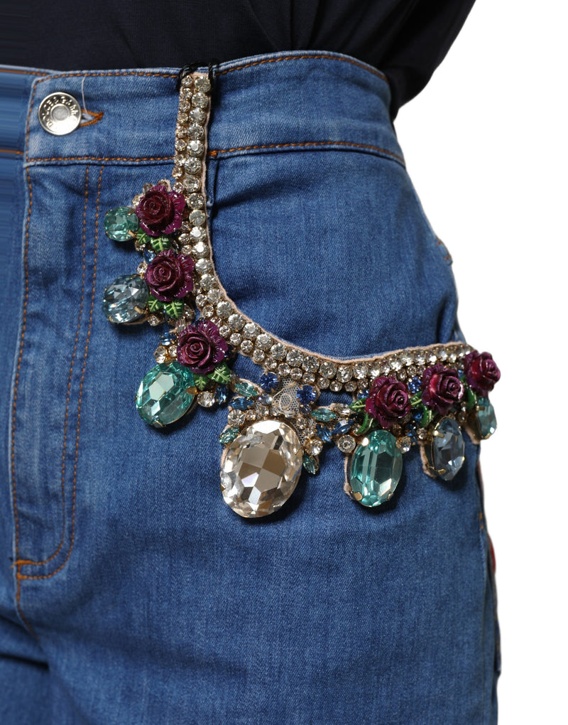 Dolce & Gabbana Blue Cotton Embellished Bermuda Denim Shorts