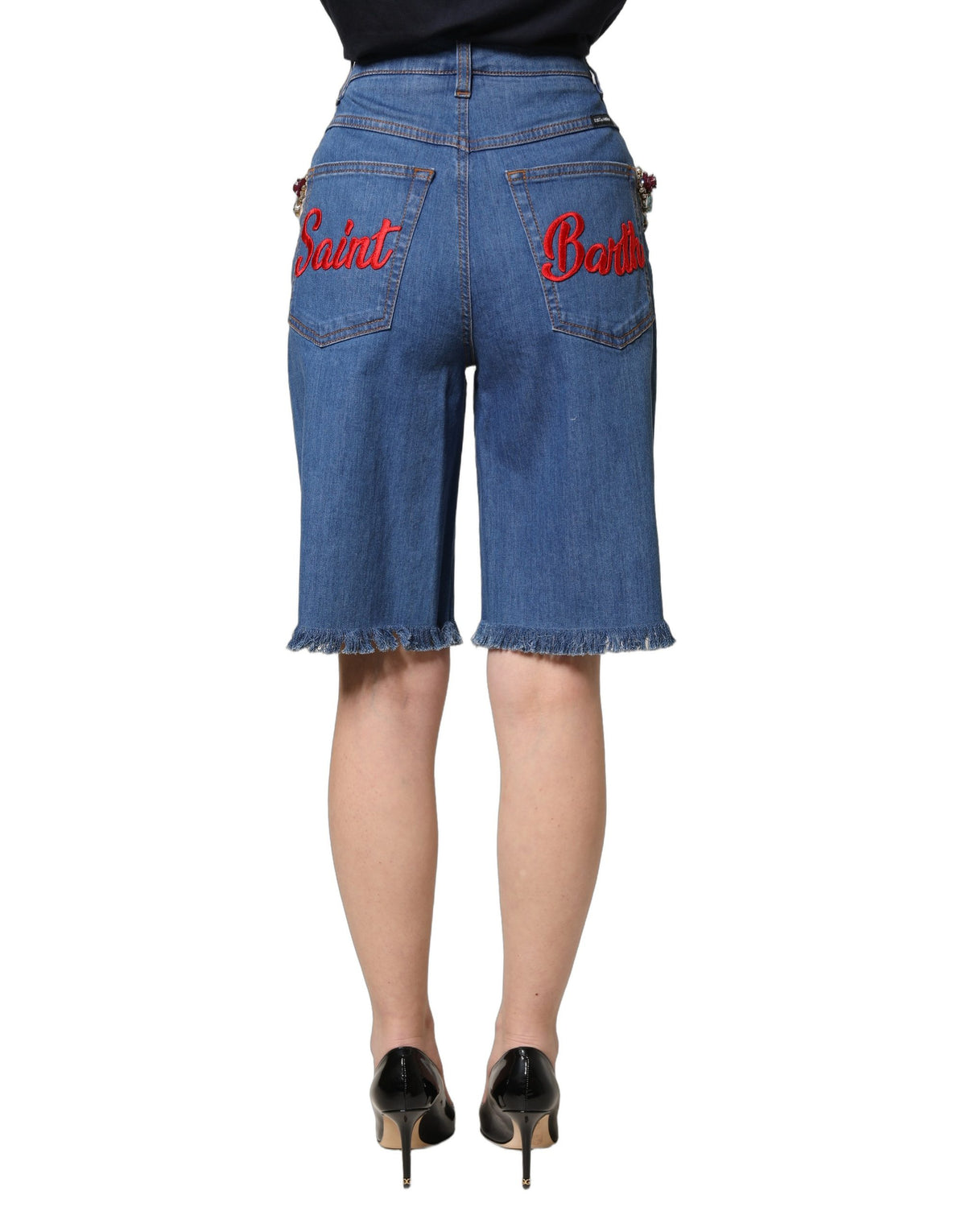 Dolce & Gabbana Blue Cotton Embellished Bermuda Denim Shorts