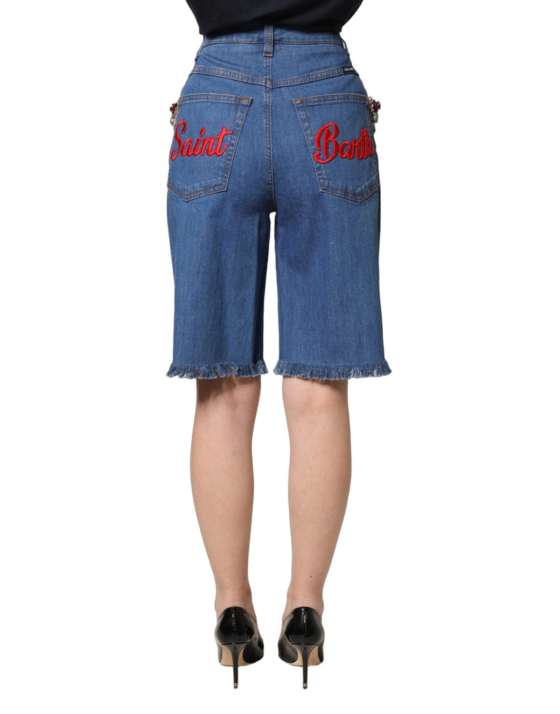 Dolce & Gabbana Blue Cotton Embellished Bermuda Denim Shorts