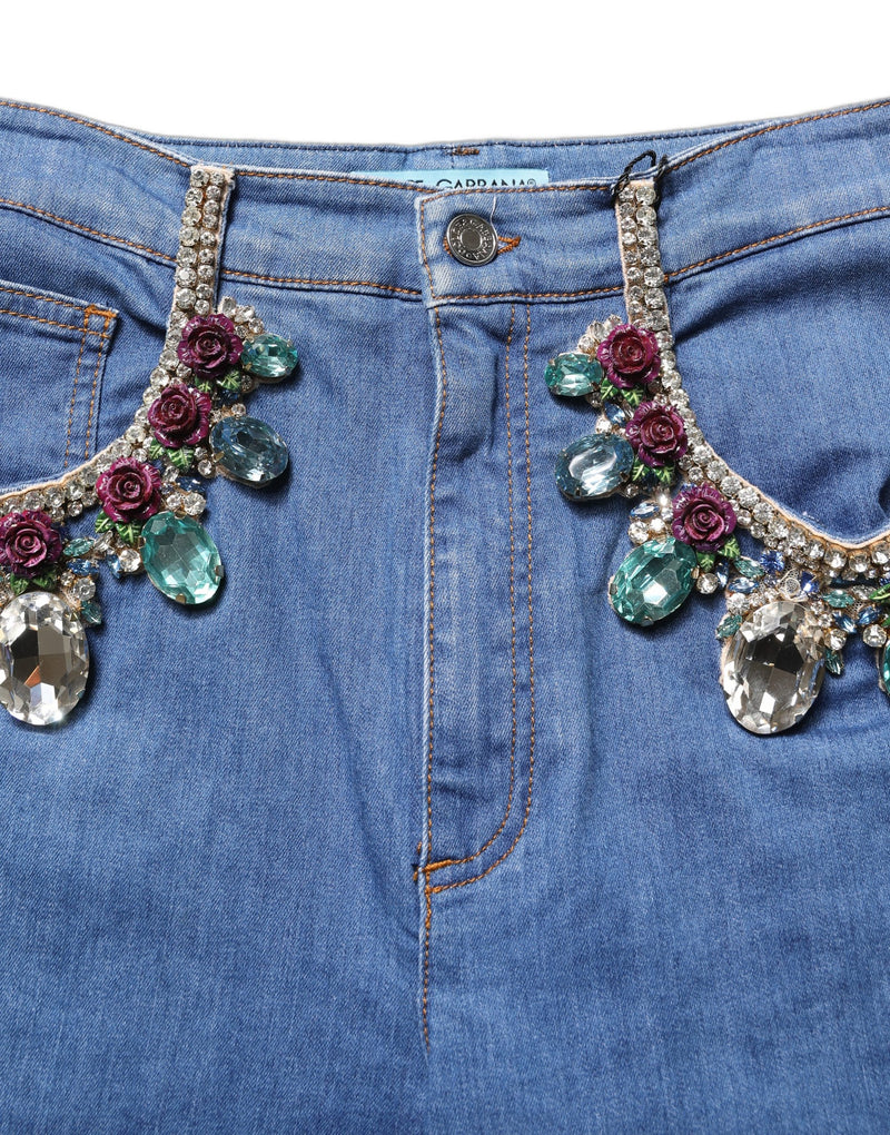 Dolce & Gabbana Blue Cotton Embellished Bermuda Denim Shorts