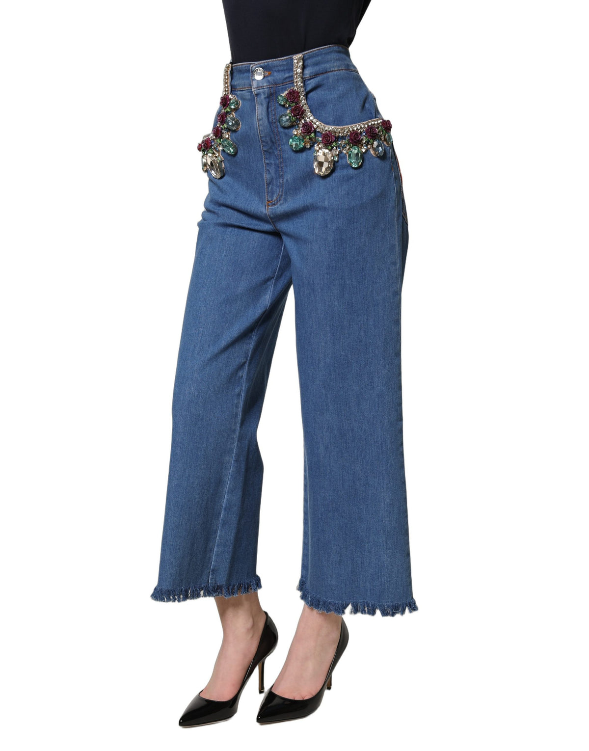 Dolce & Gabbana Blue Embellished Wide Cropped Denim Jeans