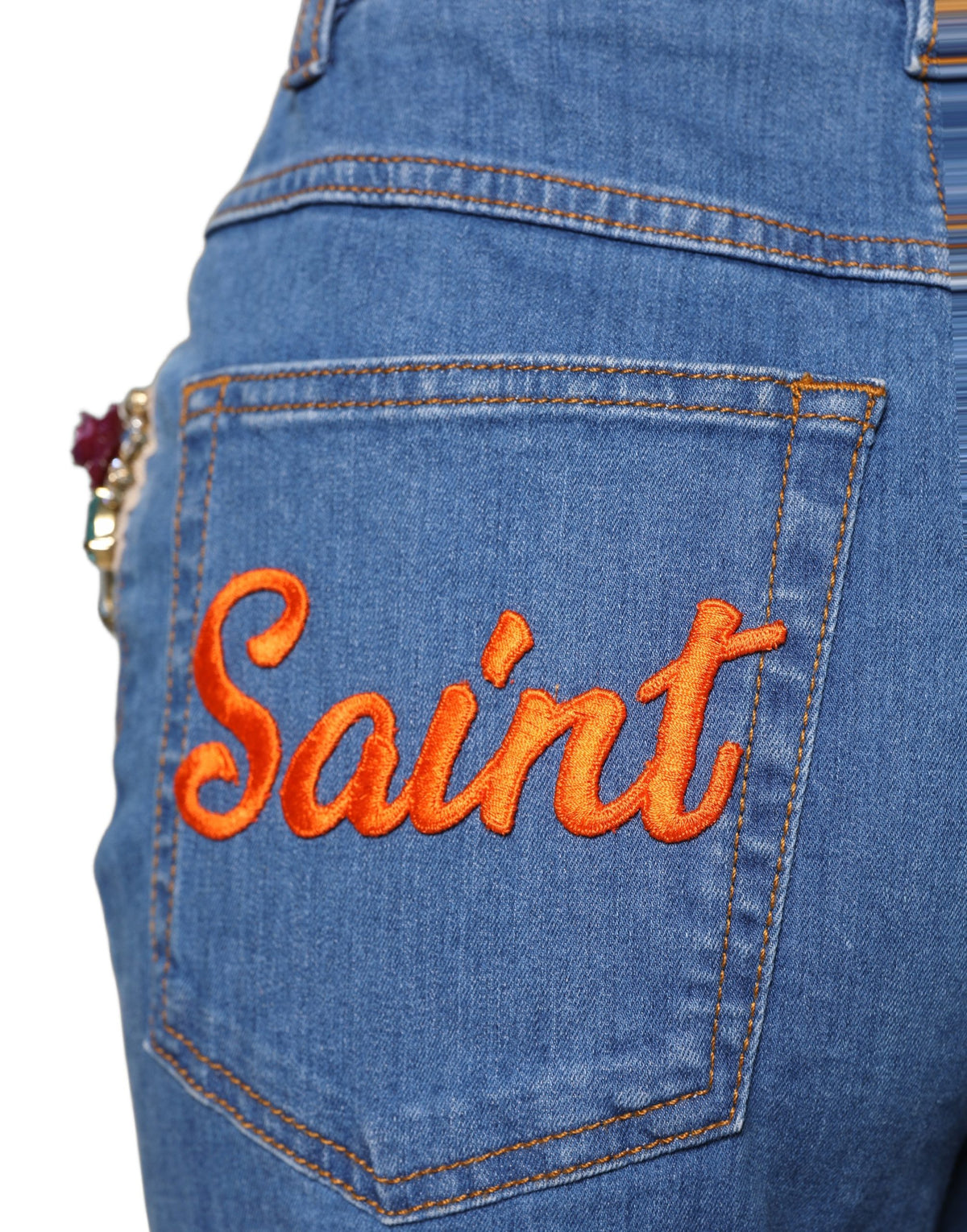 Dolce & Gabbana Blue Embellished Wide Cropped Denim Jeans