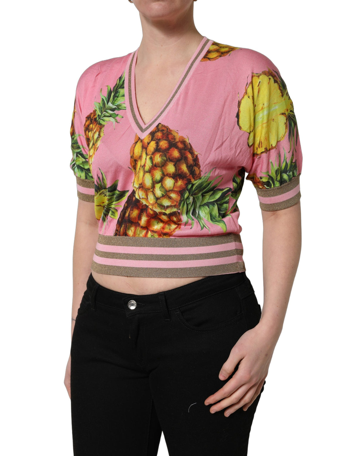 Dolce & Gabbana Pink Pineapple V-neck Short Sleeve Cropped Top