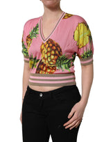 Dolce & Gabbana Pink Pineapple V-neck Short Sleeve Cropped Top
