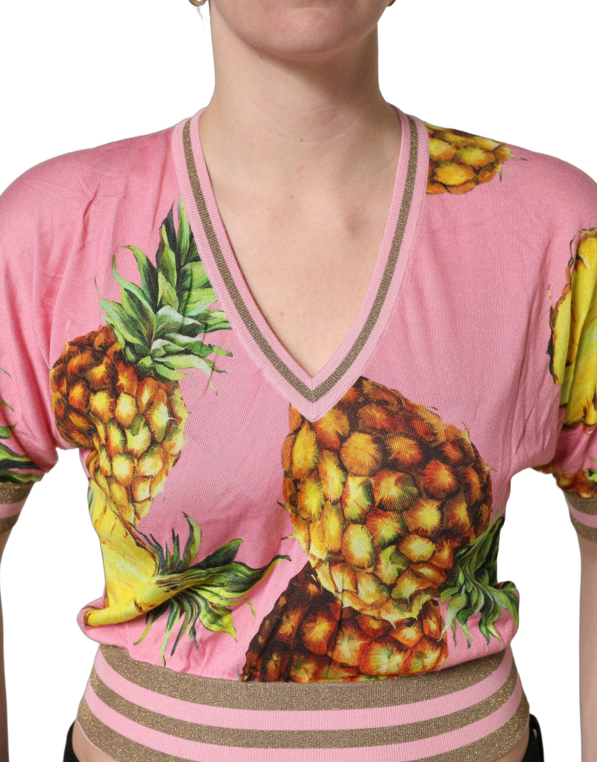 Dolce & Gabbana Pink Pineapple V-neck Short Sleeve Cropped Top