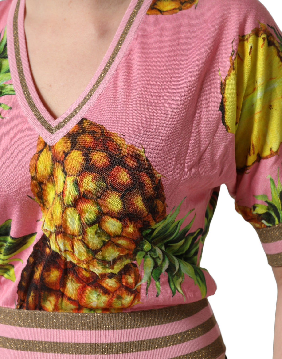 Dolce & Gabbana Pink Pineapple V-neck Short Sleeve Cropped Top