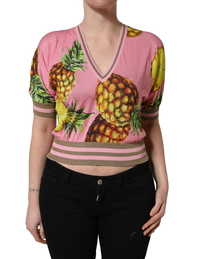 Dolce & Gabbana Pink Pineapple V-neck Short Sleeve Cropped Top