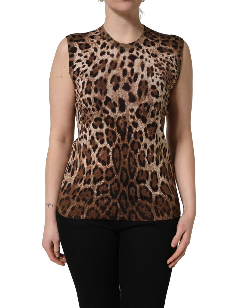 Dolce & Gabbana Brown Leopard Crew Neck Sleeveless Tank Top