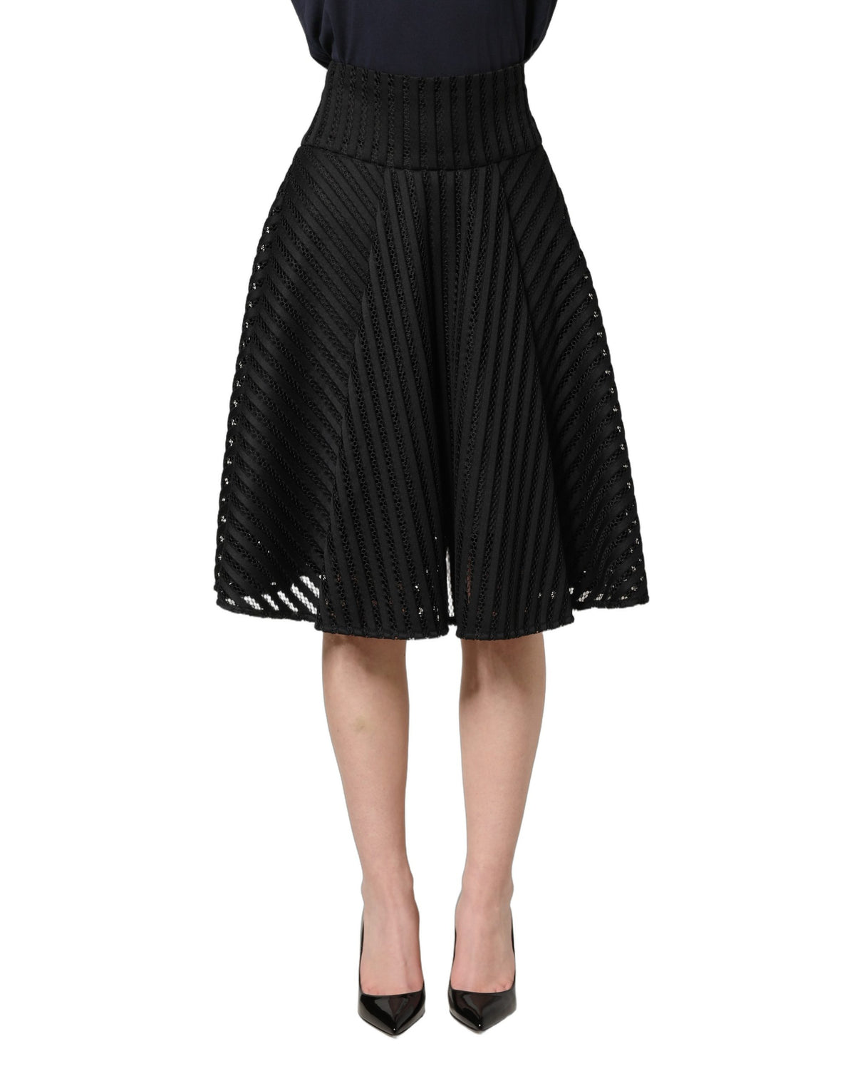 PINKO A-line Midi Skirt in Black with Striped Design