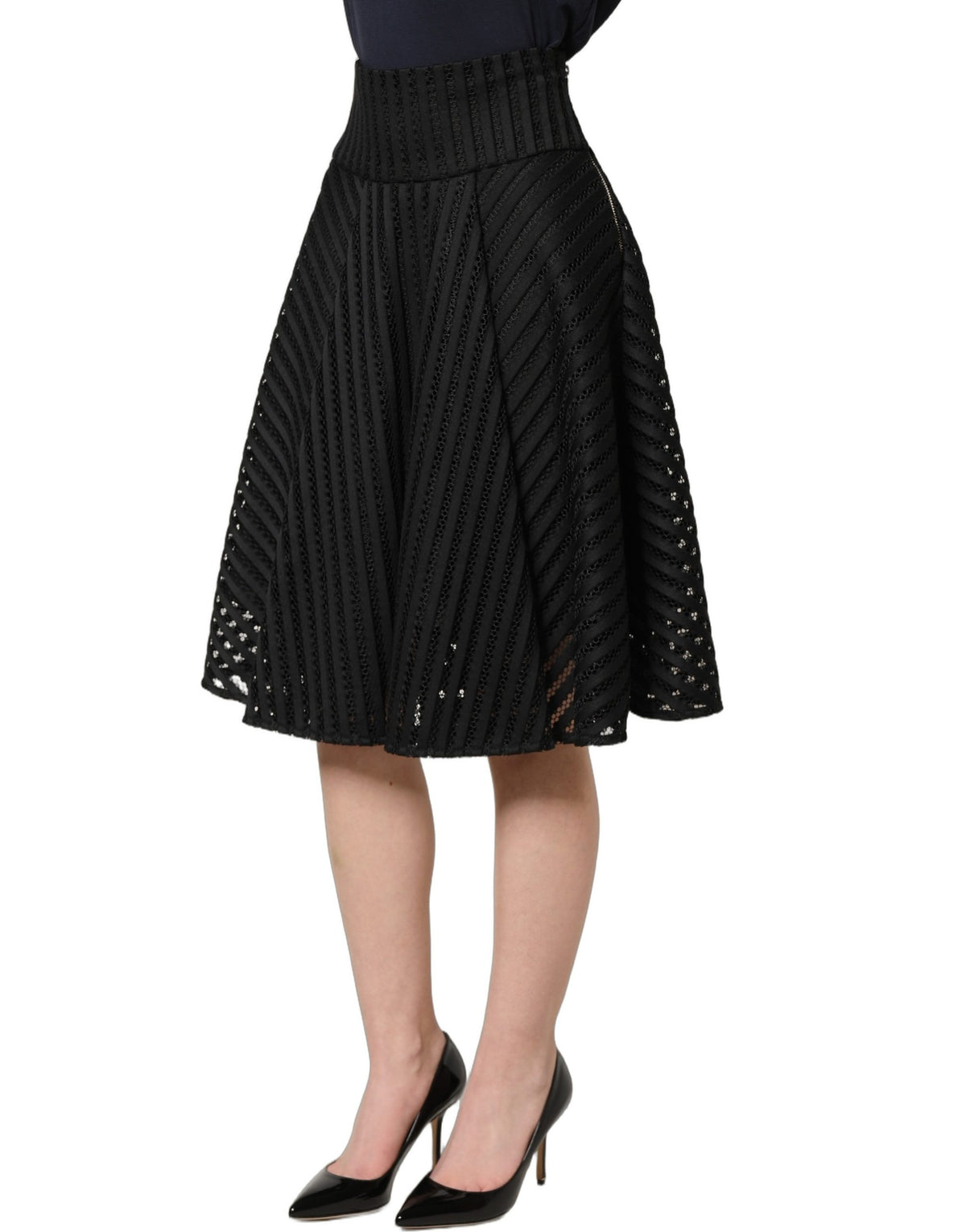 PINKO A-line Midi Skirt in Black with Striped Design