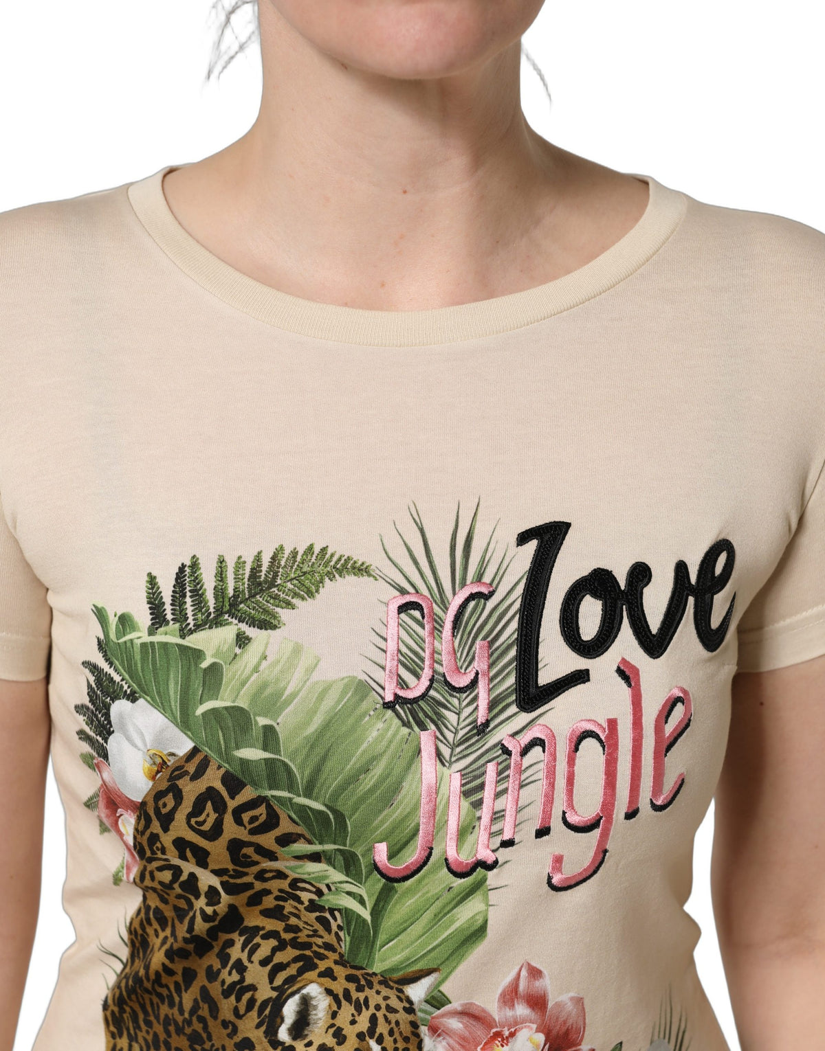 Dolce & Gabbana Beige Jungle Print Cotton Round Neck T-Shirt