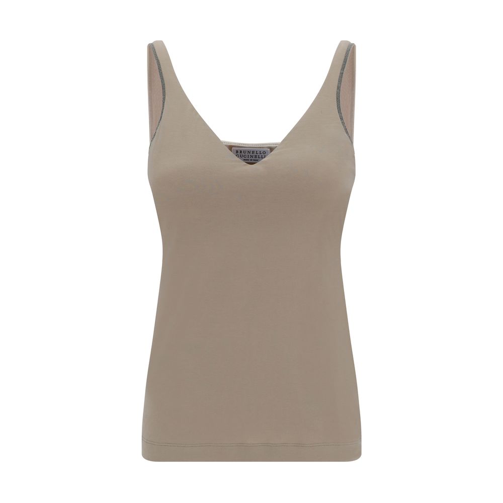 Brunello Cucinelli Beige Cotton Sleeveless T-Shirt