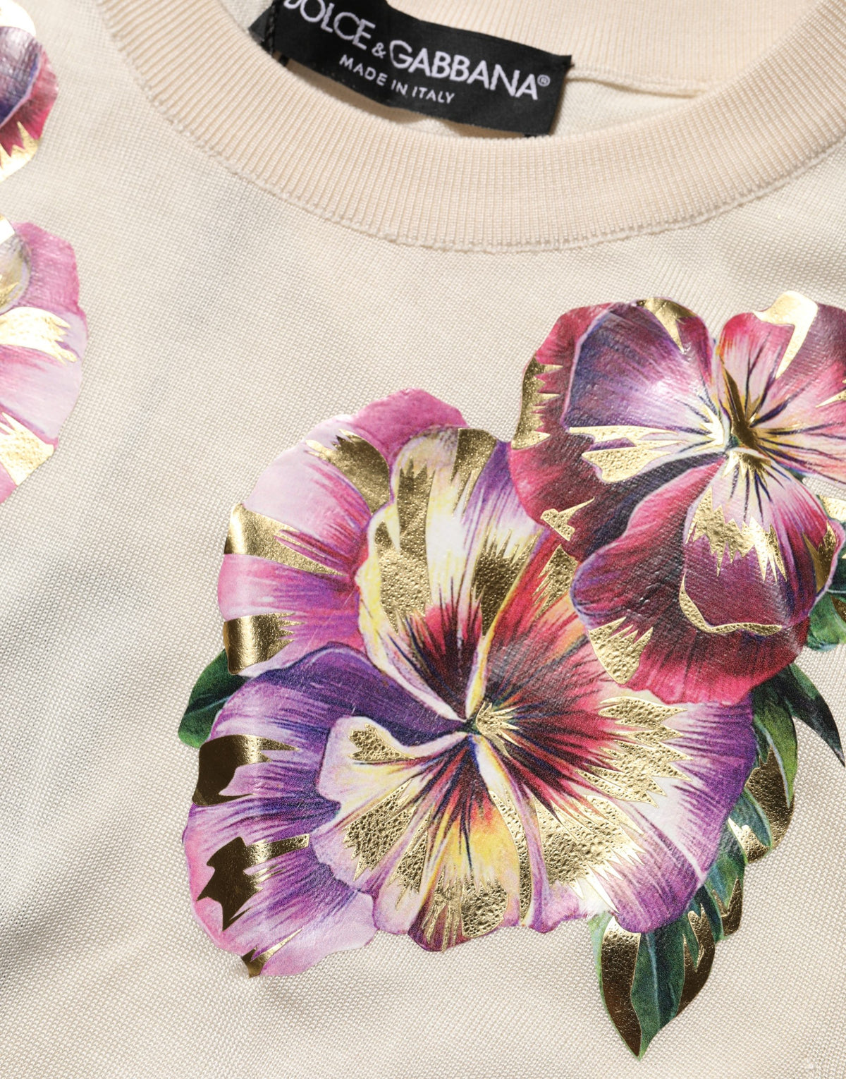 Dolce & Gabbana Beige Floral Print Silk Crew Neck Pullover Top