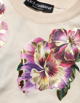 Dolce & Gabbana Beige Floral Print Silk Crew Neck Pullover Top