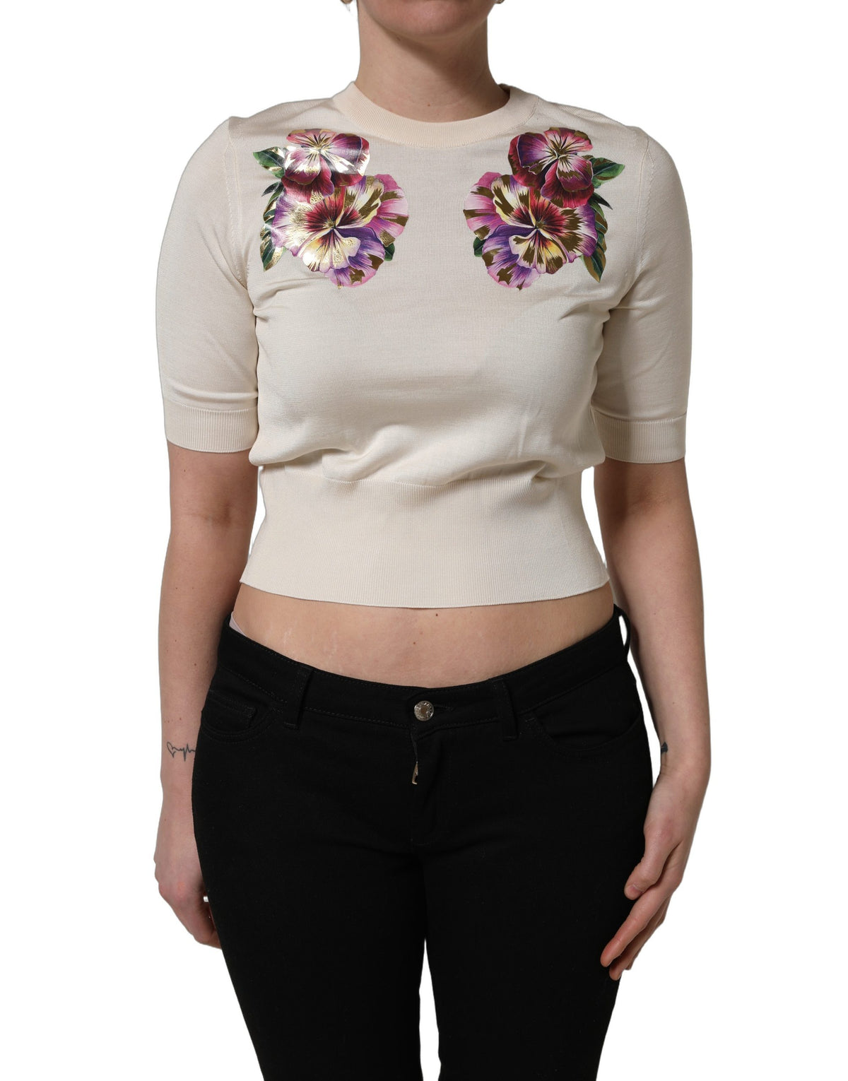 Dolce & Gabbana Beige Floral Print Silk Crew Neck Pullover Top