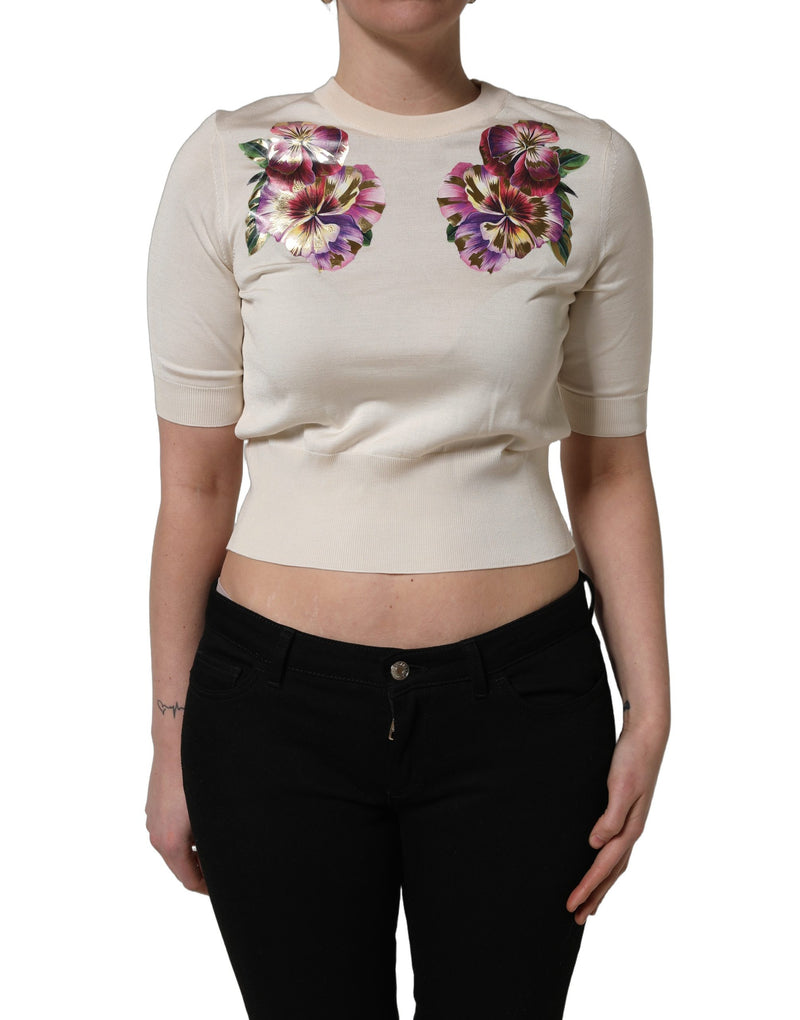 Dolce & Gabbana Beige Floral Print Silk Crew Neck Pullover Top