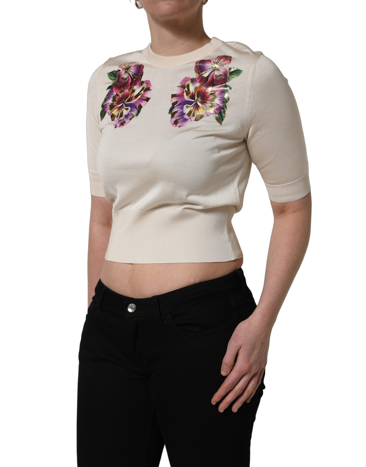 Dolce & Gabbana Beige Floral Print Silk Crew Neck Pullover Top