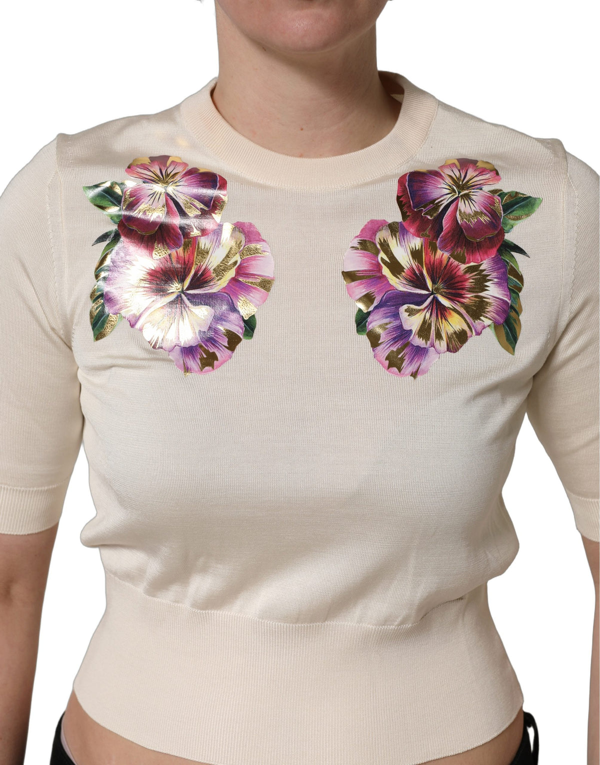 Dolce & Gabbana Beige Floral Print Silk Crew Neck Pullover Top