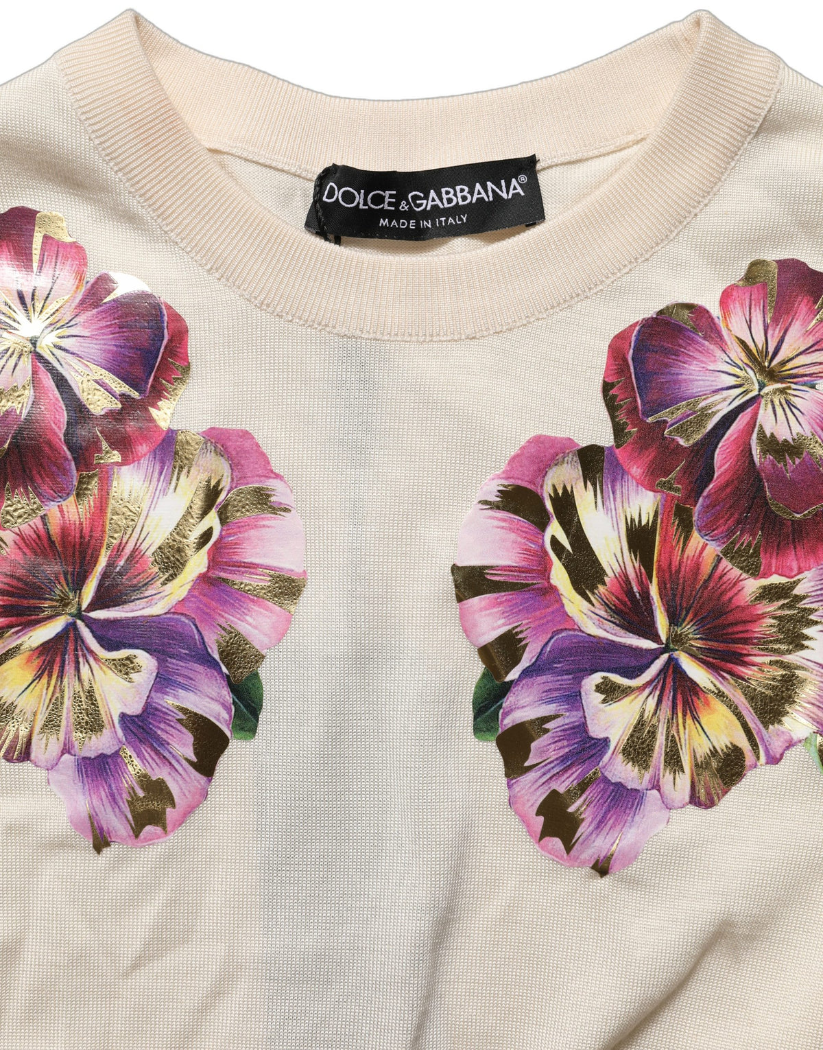 Dolce & Gabbana Beige Floral Print Silk Crew Neck Pullover Top