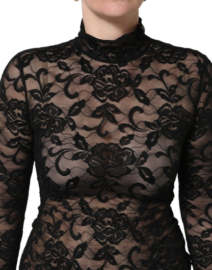 Dolce & Gabbana Black Floral Lace Turtle Neck Long Sleeve Top