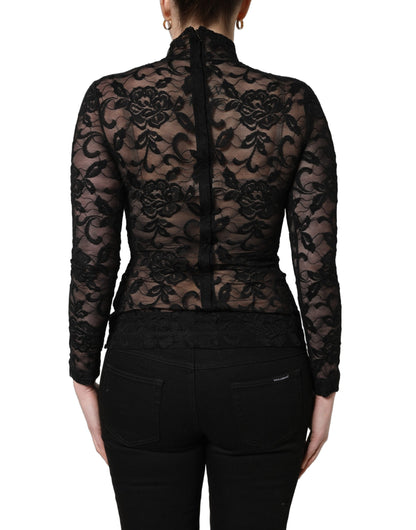 Dolce & Gabbana Black Floral Lace Turtle Neck Long Sleeve Top