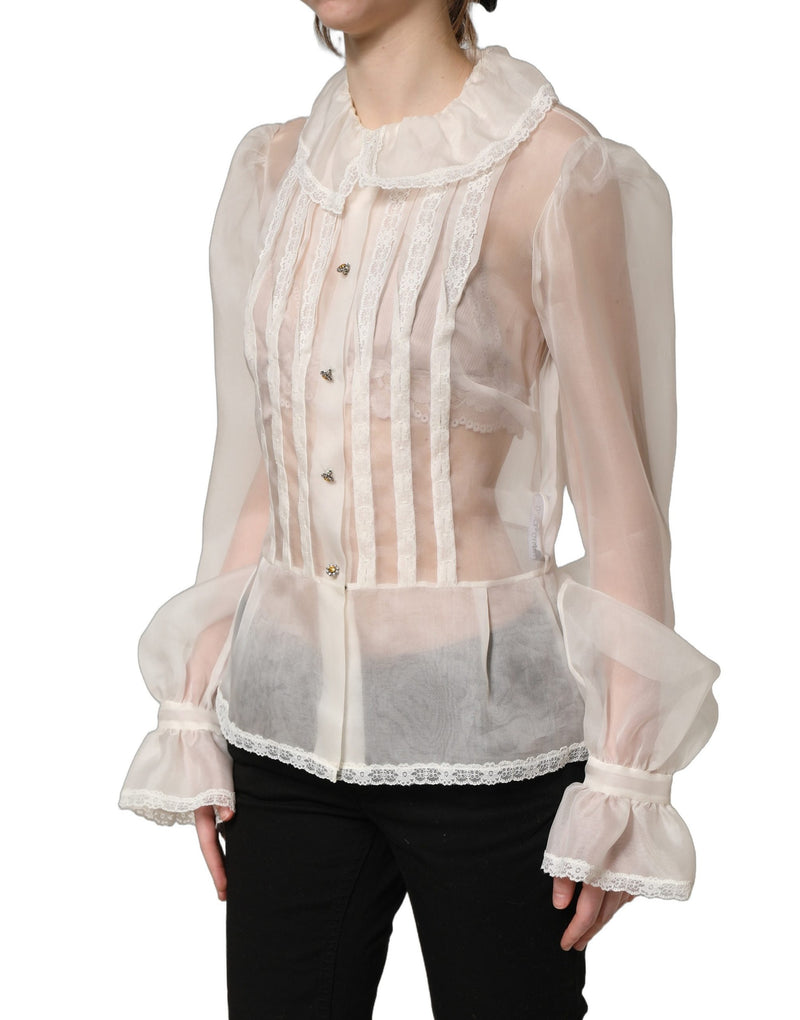 Dolce & Gabbana White Ruffled Sheer Silk Buttoned Blouse Top