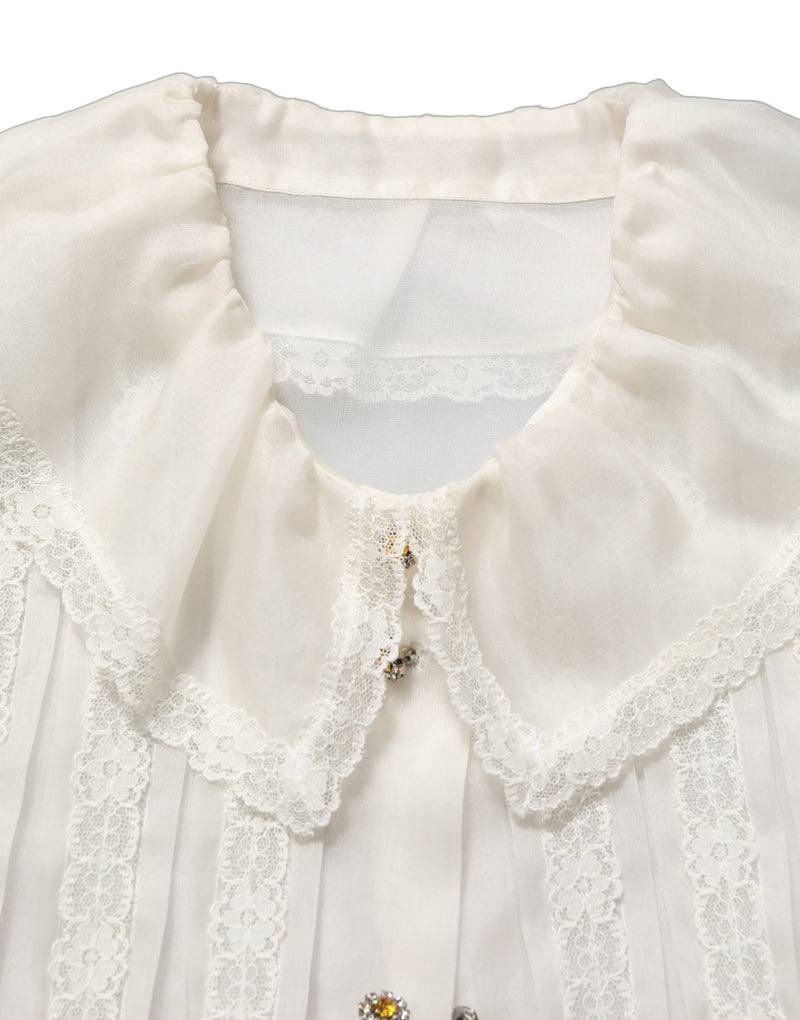 Dolce & Gabbana White Ruffled Sheer Silk Buttoned Blouse Top