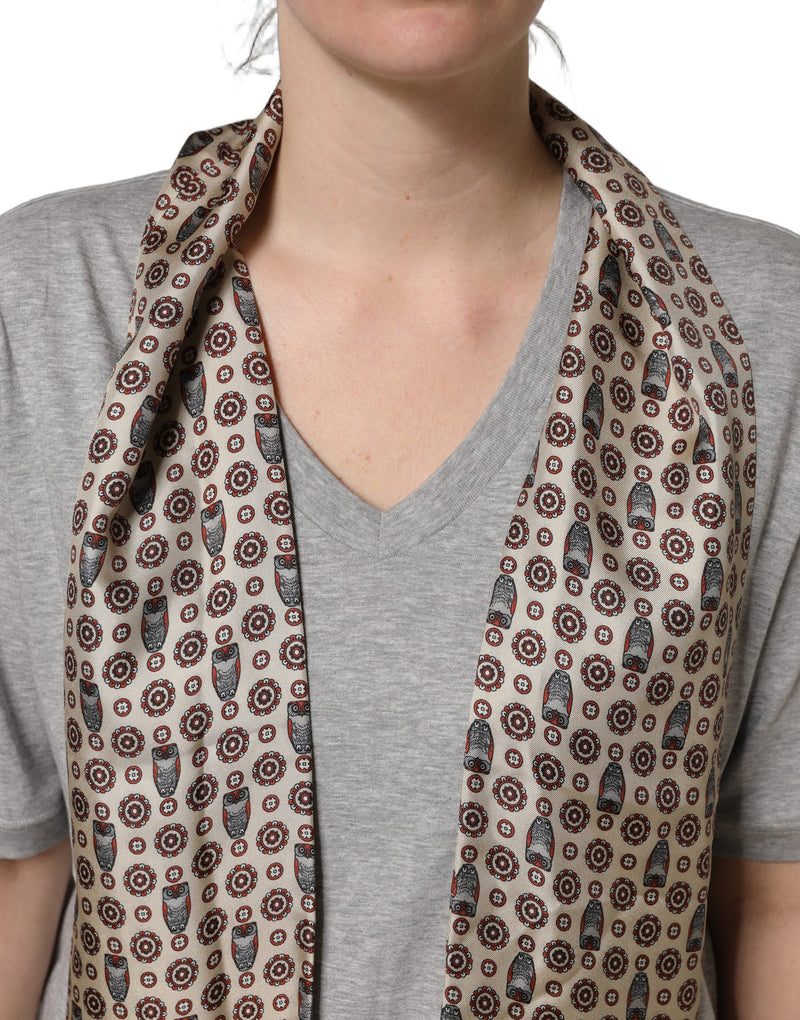 Dolce & Gabbana Gray Cotton V-neck Owl Silk Scarf Top T-shirt